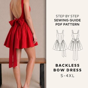 Op de afbeelding: Een rode rugloze strikjurk met een grote strik op de rug. De jurk heeft een korte rok en een lage rug. De afbeelding bevat ook een naaipatroon met de tekst "STEP BY STEP SEWING GUIDE PDF PATTERN" en "BACKLESS BOW DRESS S-4XL."