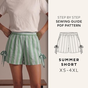 May include: Green and white striped shorts with bow details on the sides. The shorts are part of a PDF sewing pattern for a summer short, available in sizes XS-4XL. The image also includes a step-by-step sewing guide.