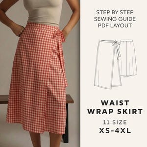 Puede incluir: Una falda envolvente a cuadros rojos y blancos con cierre de lazo. La falda se lleva con una camiseta sin mangas beige. El texto a la derecha dice "WAIST WRAP SKIRT" y "XS-4XL". También se muestra una guía de costura.