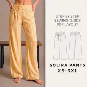 Puede incluir: Pantalones de talle alto con rayas amarillas y blancas y cintura con cordón. La imagen incluye el texto: STEP BY STEP SEWING GUIDE PDF LAYOUT, SOLIRA PANTS XS-3XL, y un dibujo técnico de línea que muestra la vista frontal y trasera.