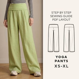 May include: Pale green yoga trousers with a wide waistband. The image shows a person wearing a black and white striped top. A sewing pattern diagram is included, along with the text "STEP BY STEP SEWING GUIDE PDF LAYOUT" and "YOGA PANTS XS-XL."