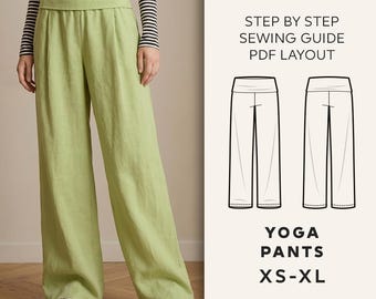 Wide Leg Yoga Pants Sewing Pattern PDF | High Waist Pants Pattern | Elastic Waist Trousers | Beginner Friendly | Digital Download XS-XL