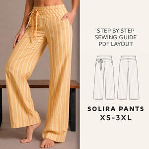 May include: Wide-leg pants featuring a yellow and orange vertical stripe pattern, a high waistband with a drawstring, and side pockets. The image includes a technical line drawing of the pants labeled STEP BY STEP SEWING GUIDE PDF LAYOUT SOLIRA PANTS XS-3XL.
