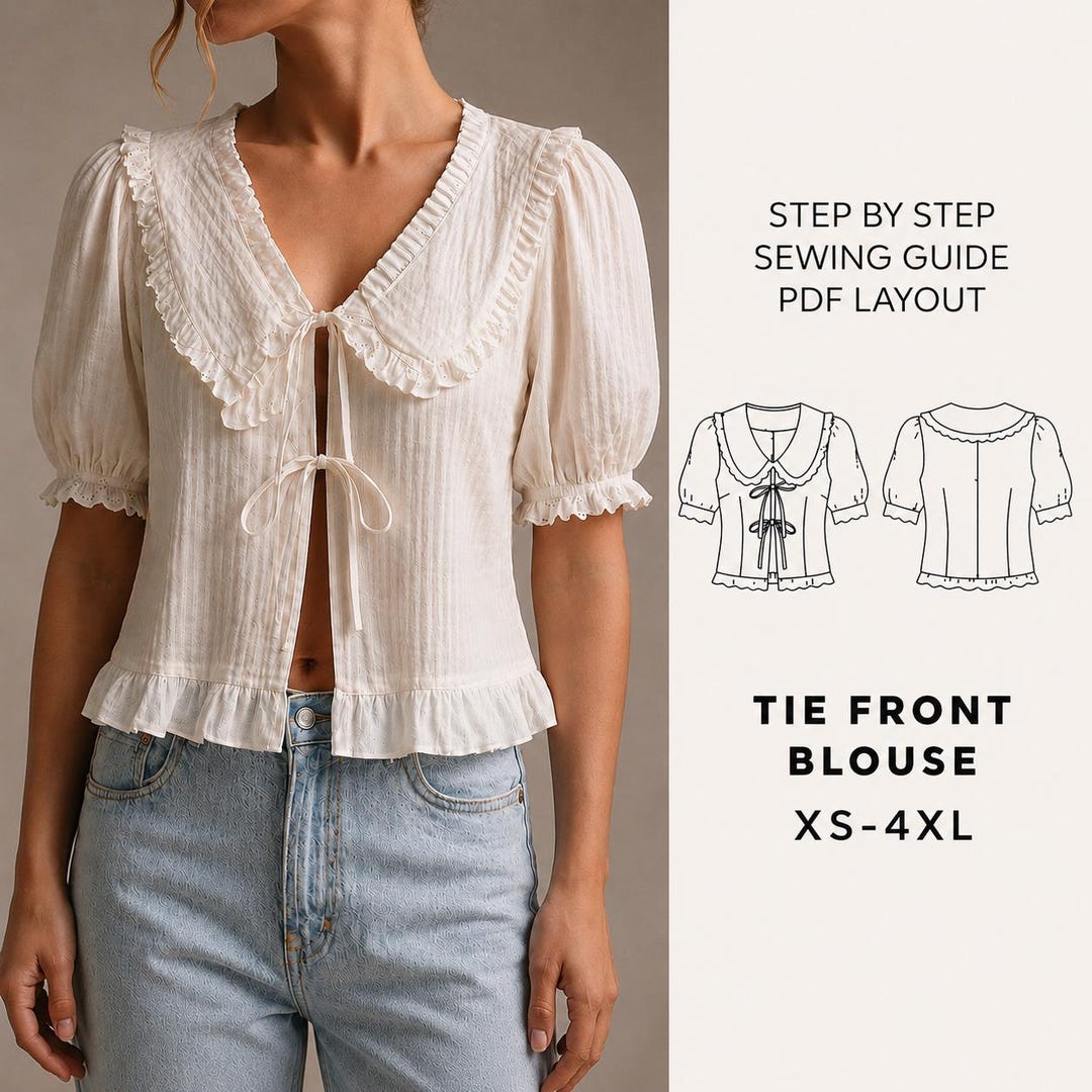 Puff Sleeve Blouse Sewing Pattern | Tie Front Blouse PDF | Peasant Top ...