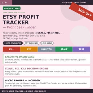 以下が含まれることがあります： Microsoft Excel用のデジタルEtsy利益トラッカーシート。ライトピンクの背景に赤い50%オフのバナーが表示されています。エグゼクティブダッシュボード、スケール・修正・削除の意思決定エンジン、AI CFOプロンプト機能が含まれています。