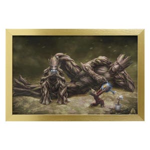 May include: A framed art print featuring a family of Groot characters. One Groot is seated, holding a cup, while another waters a small plant. The artwork is set against a muted, earthy background, with a gold frame.