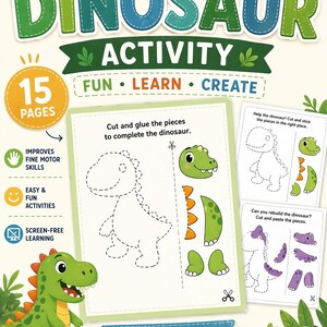 Puede incluir: Un libro de actividades de dinosaurios con el título "Cut & Glue Dinosaur Activity". La portada presenta una ilustración de un dinosaurio verde, unas tijeras y las palabras "Fun, Learn, Create". Incluye 15 páginas para niños de 4 a 6 años.