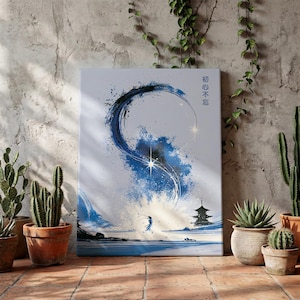 May include: A rectangular canvas print featuring a blue and white ink wash style painting of a swirling wave, a silhouette of a pagoda, and a small figure. The Japanese text "初心不忘" is printed vertically in the upper right corner of the artwork.