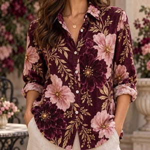 Puede incluir: Una camisa de manga larga con botones en un tono burdeos profundo, con un patrón floral prominente de grandes flores rosa claro y morado oscuro, acentuado por intrincadas ilustraciones de enredaderas doradas en la tela.