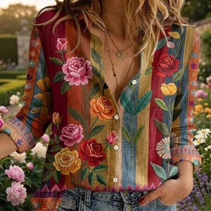 Puede incluir: Una camisa de manga larga con botones, rayas verticales en tonos rojos, azules y amarillos, decorada con un estampado floral vibrante de rosas rosas, rojas, naranjas y amarillas con hojas verdes, combinada con pantalones vaqueros azules.