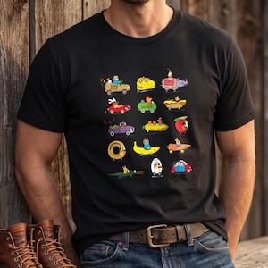 Richard Scarry Autos und Lastwagen Grafik-T-Shirt, Busytown Wacky Fruit Fahrzeug T-Shirt, Vintage Kinder Buch Top, Nostalgisches Lowly Worm Apple Auto Shirt