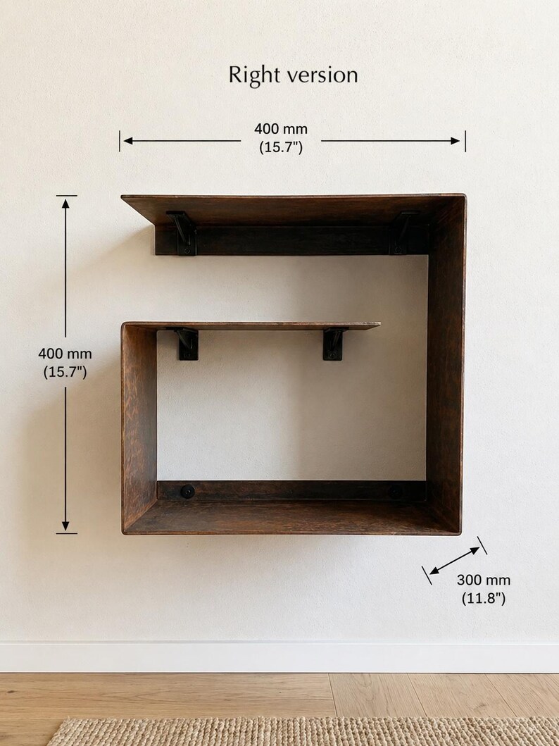 May include: A rustic, brown metal wall shelf with a unique, angular design. The shelf is 400 mm (15.7 inches) high and wide, with a depth of 300 mm (11.8 inches). The text "Right version" is visible.