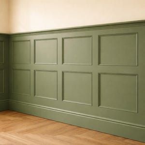 May include: Olive green wall panelling with rectangular recessed panels. The wall features decorative moulding at the top and base. The floor is made of light brown wood planks arranged in a herringbone pattern.