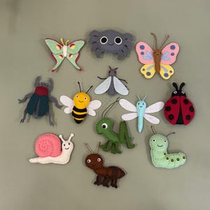 Puede incluir: Una colección de doce adornos de fieltro con forma de insectos y arácnidos, incluyendo una polilla verde, una araña gris, una mariposa rosa, un escarabajo oscuro, una abeja, una mosca, una libélula, una mariquita, un caracol rosa, un saltamontes verde, una hormiga marrón y una oruga verde claro.