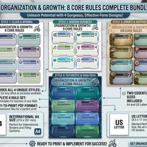 May include: A bundle of printable organization and growth templates in four styles: clean & minimal, modern business, ornate & inspirational, and futuristic & high-tech. Includes A4 and US Letter sizes. The templates feature 8 core rules for success.
