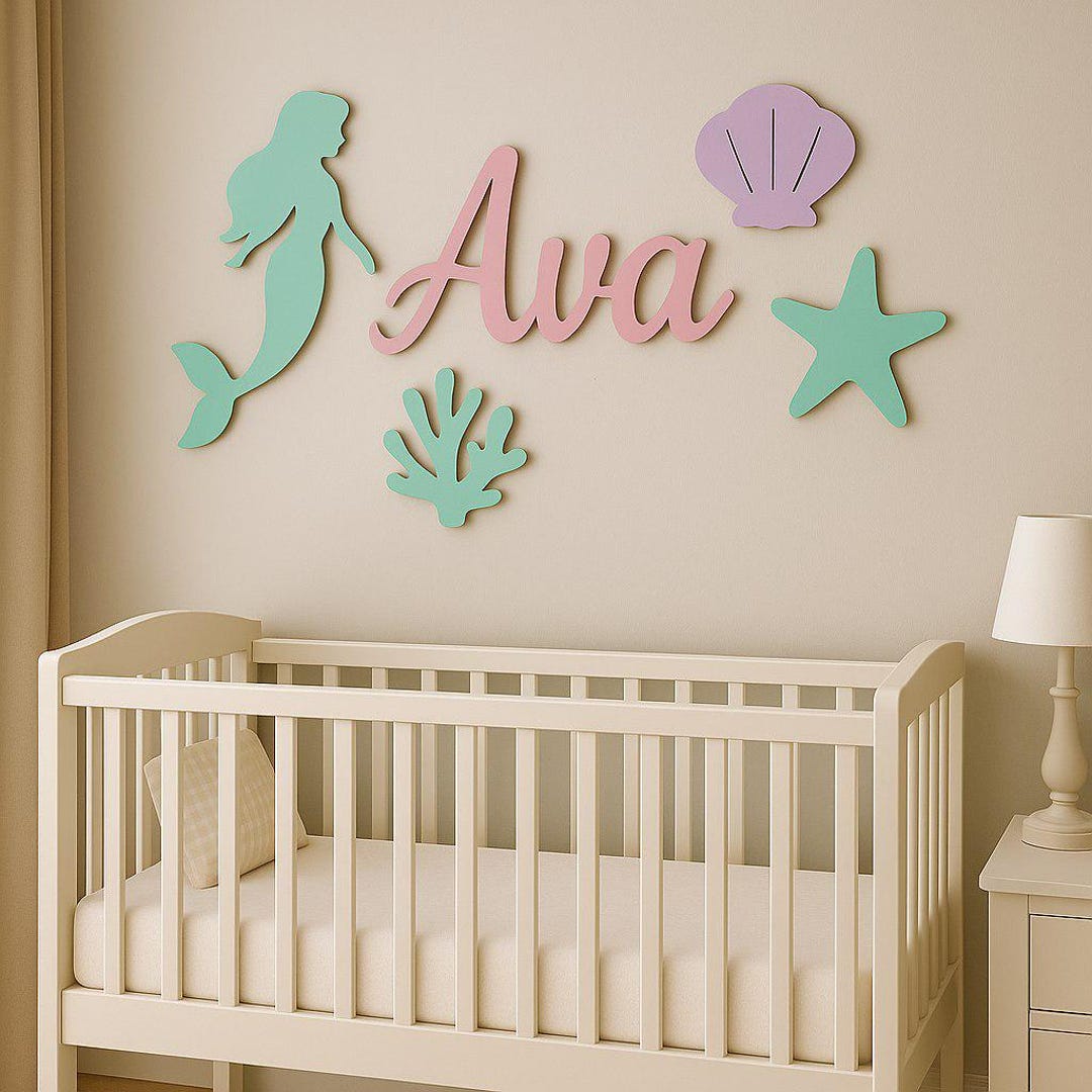 Mermaid Nursery Wall Décor — Personalized Wooden Name Sign for Nursery ...