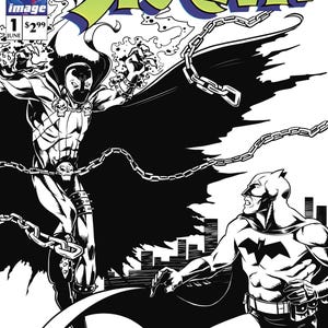 May include: A black and white comic book cover titled Spawn number 1, featuring the character Spawn with a flowing cape and chains facing off against Batman in a city setting. The top left corner displays the Image logo and the price of $2.99.