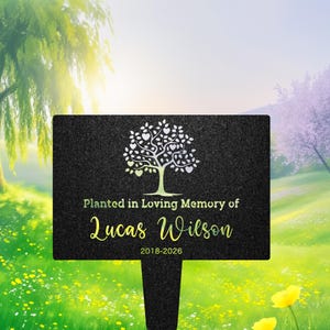 Puede incluir: Una estaca de jardín conmemorativa negra con el texto "Plantado en memoria amorosa de Lucas Wilson 2018-2026". La estaca presenta un diseño de árbol con hojas en forma de corazón. El fondo es un campo verde con árboles.