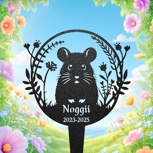 May include: Black metal garden stake featuring a silhouette of a rat within a floral frame. The stake includes the name "Noggii" and the years "2023-2025". The background shows a colorful garden scene with flowers and a blue sky.