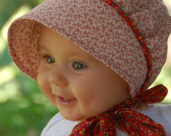 Calico Baby Bonnet, Red Calico, Apple Picking Bonnet,