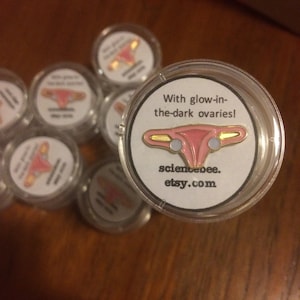 May include: A close-up of a pink and gold enamel pin shaped like a uterus with two small white circles representing ovaries. The pin is in a clear plastic container with a white label that reads "With glow-in-the-dark ovaries! sciencebee. etsy.com".