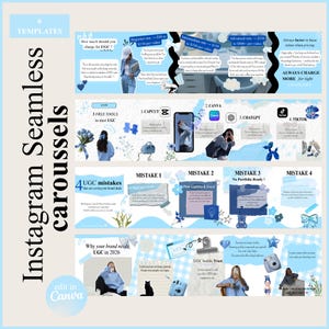 Può includere: Un'infografica azzurra con il testo "Instagram Seamless Carousels" e "6 Templates". L'infografica include suggerimenti sui prezzi UGC, strumenti gratuiti e errori comuni. È presente anche la frase "edit in Canva".