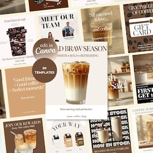 Peut inclure: Un collage de matériel promotionnel pour un café. Les images incluent des grains de café, du café glacé, des cartes-cadeaux et du texte tel que "Now serving iced perfection" et "Meet Our Team". Le thème est le café et la culture du café.