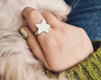 Großer Stern Ring: Massiv Sterling Silber himmlischen Schmuck Handgemachter Silber Stern Statement Ring Minimalistischer Schmuck