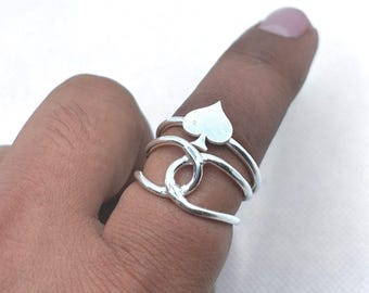 925 Sterling Silber Doppelschicht Ring | Einzigartiger Knoten und Herz Spaten Charm Ring | Verstellbarer Statement Ring für Damen | Geschenk für Sie