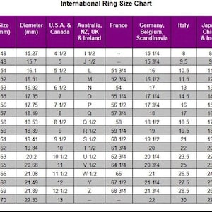 May include: An International Ring Size Chart featuring a purple header row with columns for size in inches, size in mm, diameter in mm, and various international sizing standards including U.S. & Canada, UK, France, Germany, Italy, Japan, and Swiss.