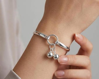Handgemachte Silber Kugel Armreif Minimalist Offene Manschette Armreif, Silber Kugel Charms, Sterling Style Armband