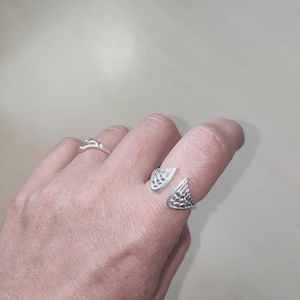 May include: A silver-colored open ring featuring two wing-shaped ends with detailed feather textures, worn on the index finger, alongside a second simple silver-colored band on the ring finger, both displaying a polished metallic finish.
