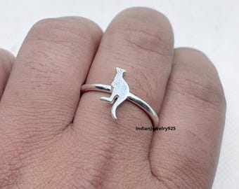 Minimalist Kangaroo Ring, 925 Sterling Silver, Adjustable Animal Jewelry
