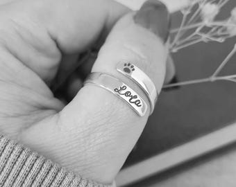 Haustier Erinnerungsring - Personalisierter Sterling Silber Hund / Katze Einstellbarer Ring, Pfotenabdruck Wickelring, 925 Sterling Silber Haustierring
