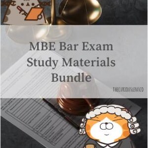 May include: MBE Bar Exam Study Materials Bundle featuring a brass scale of justice, a wooden gavel, and legal documents. The image includes cartoon cat illustrations, one holding a clipboard and another wearing a judge's wig, with the text THECURIOUSLENSCO.