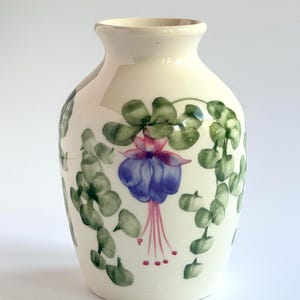 Cinque Ports Fuchsia Studio Pottery Vase, Hand Painted Flowers The Monastery Rye Sussex Small Bud Bulbous Flower Ceramic Pot Vanity Jar