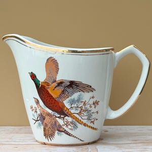 Jarra/cantimplora de natillas Sheridan Pheasant de doble sello, rara y de época, de Alfred Meakin Glo-White Ironstone.