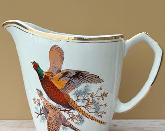 Jarra/cantimplora de natillas Sheridan Pheasant de doble sello, rara y de época, de Alfred Meakin Glo-White Ironstone.