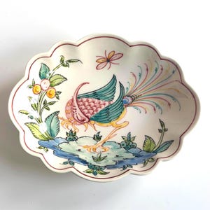 Portuguese Pottery Dish Vintage Hand Painted Ceramic Bowl Anfora Agueda Bird of Paradise Scalloped Trinket Tray Platter Fine Art Faience