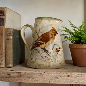 Very Rare Signed Moorland Pottery Jug – Hand-Painted Jay & Waxwing Staffordshire Pitcher