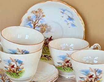 Set di 4 tazze e piattini da tè in porcellana inglese Regency con scena di caccia (8 pezzi)