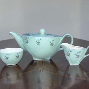 May include: A pale blue tea set comprising a teapot, a creamer jug, and a teacup. Each item is decorated with a floral pattern in blue and green. The teapot has a rounded form and a lid with a small spherical knob. The creamer has a handle and a spout.