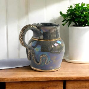 Tobias Harrison Studio Pottery Tentacle or Serpent Handle Lustre Jug, Vintage Iridescent Ceramic Pitcher