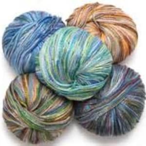 May include: Five balls of yarn in various shades of blue, green, brown, and white. The yarn is multi-coloured and has a striped pattern.