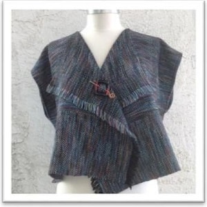 May include: A sleeveless, multi-coloured woven vest with a button closure. The vest has a V-neck and a slightly asymmetrical hem.