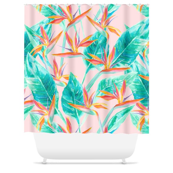 Birds Of Paradise Shower Curtain Tropical Pattern Watercolor Etsy