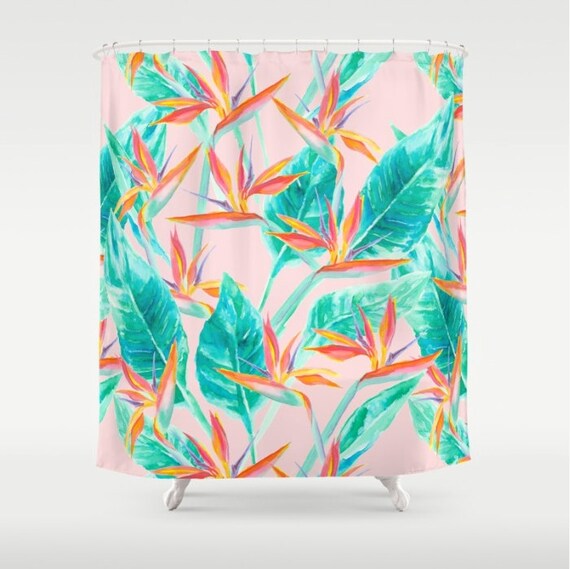 Birds Of Paradise Shower Curtain Tropical Pattern Watercolor Etsy