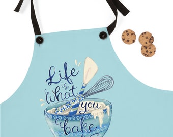 Life is what you bake it apron bakers gift baking lovers gift watercolor calligraphy blue apron with whisk spatula baker inspirational quote