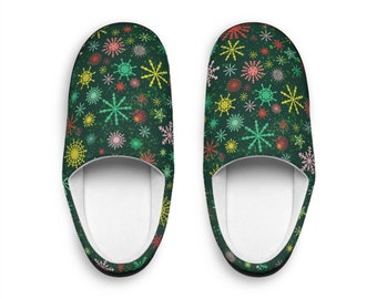 Mens Holiday Christmas Slippers snowflakes colorful green geometric trendy modern non-traditional dark green speckled fleece-lined anti-skid