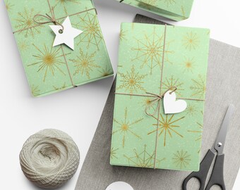 modern Christmas wrapping paper retro geometric snowflakes holiday gift wrap gold green mint aqua elegant gift wrapping paper vintage